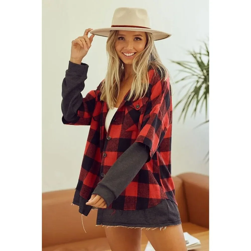 #1004. BiBi Charcoal Buffalo Plaid Long Sleeve Hooded Button Down Shacket NWT_3